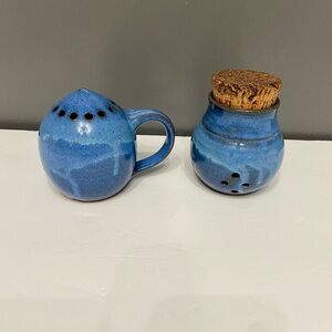 Vintage Stoneware Garlic Holder & Parmesan Shaker Blue Drip Glaze Coastal